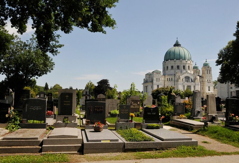Datei:11 Zentralfriedhof Gräber Kirche.jpg